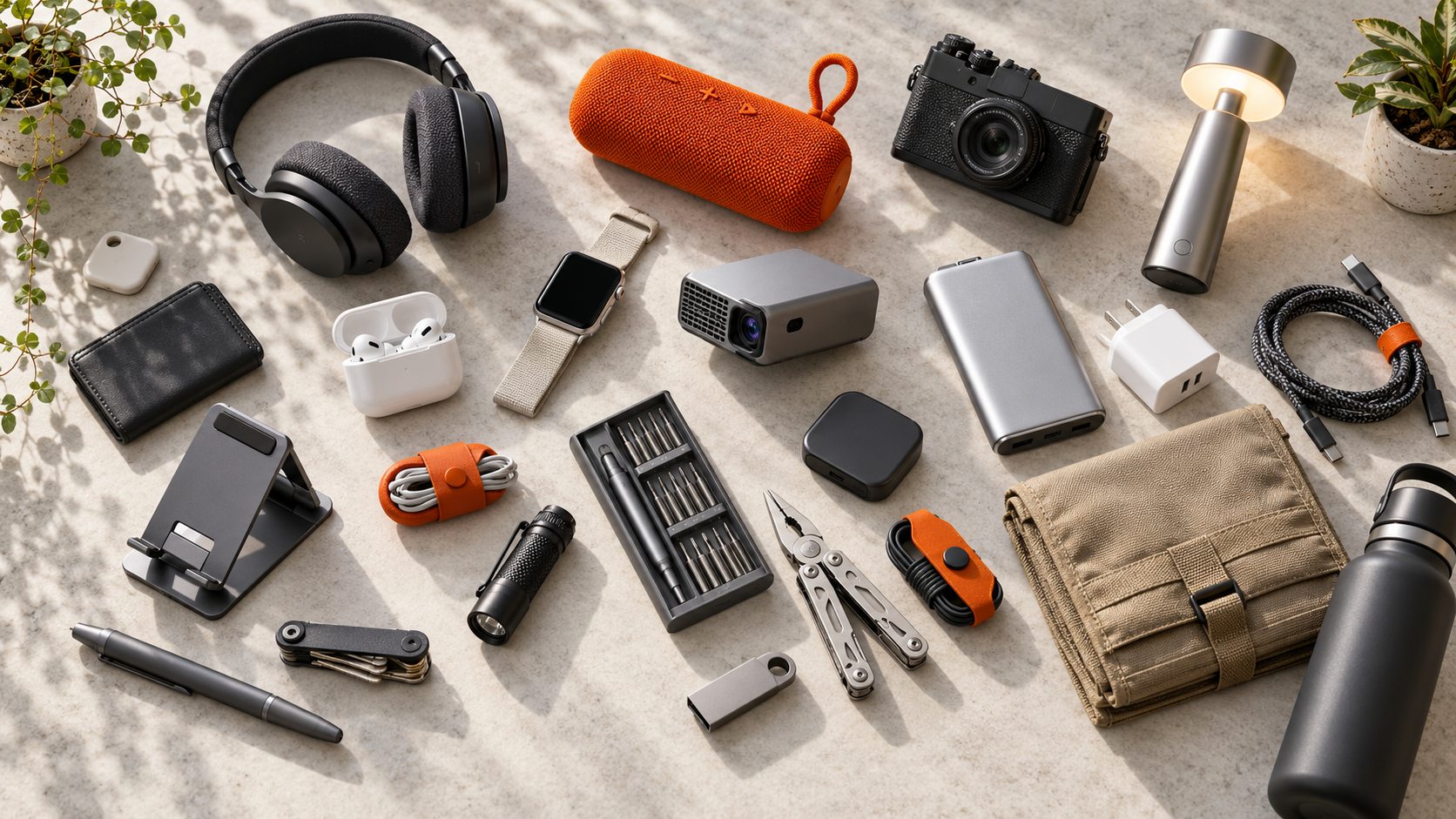 An assortment of everyday gadgets casually arranged on a sunlit tabletop